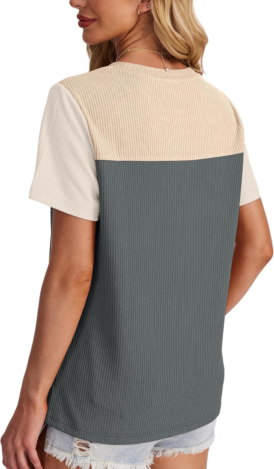 WIHOLL Womens Fashion 2025 Color Block Shirts Short Sleeve Crewneck Knitted Spring Summer Tops Casual Trendy - Image 2