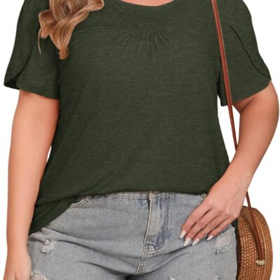 HDLTE Plus Size Womens Tops Petal Short Sleeve Summer Casual Crew Neck Pleated Shirts Tunics Blouse