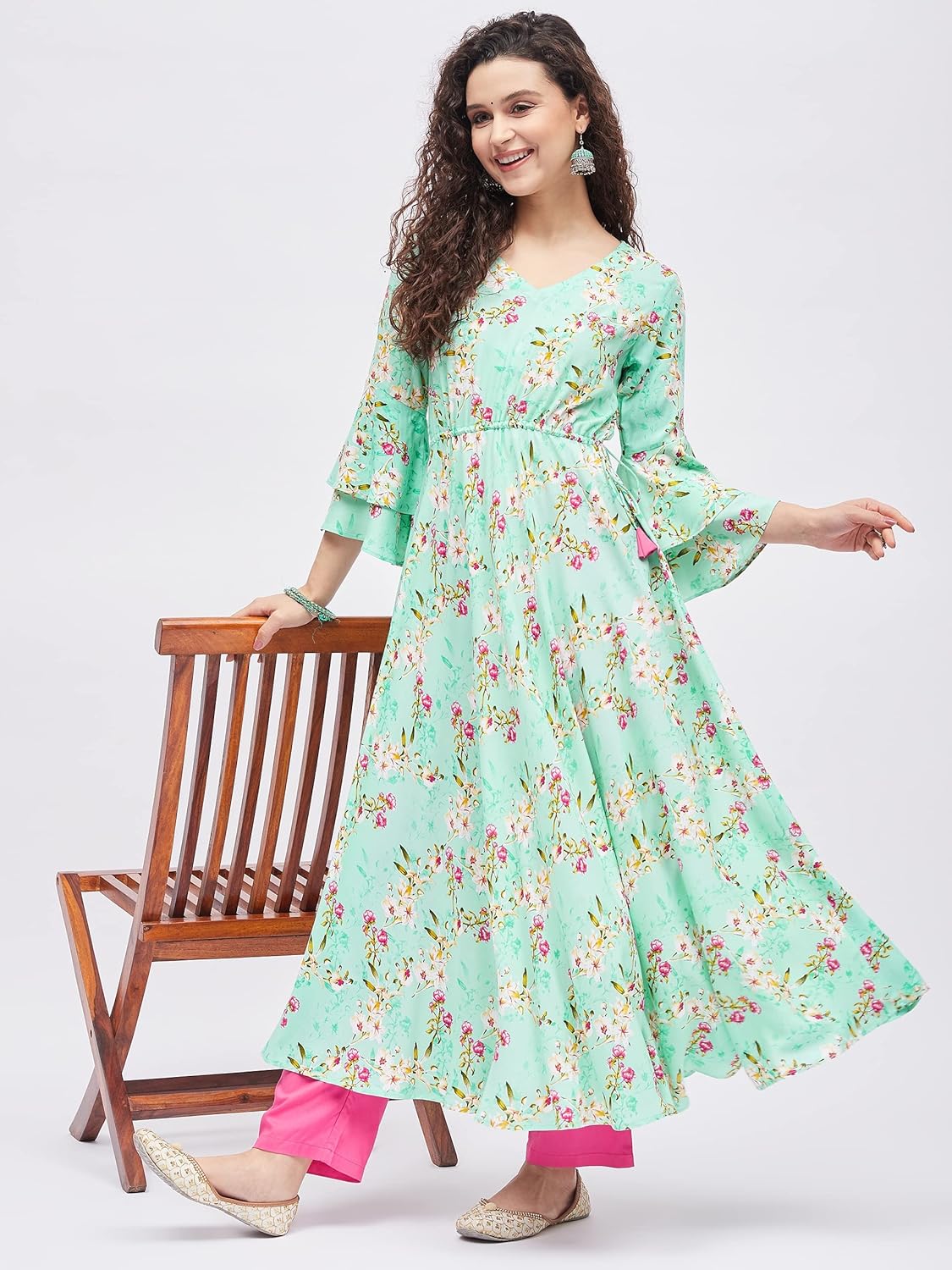 Tissu Women's Rayon Light Green & Rani Floral Printed Tie-up Kurta - Image 2