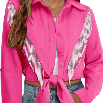 MYMORE Womens Rhinestone Fringe Cropped Button Down Shirt Rolled 3/4 Sleeve Tie Front Top Western Cowgirl Rodeo Outfit