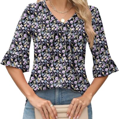LOMON 3/4 Sleeve Tops for Women Summer Dressy Casual V Neck Shirts Ruffle Sleeve Loose Blouses