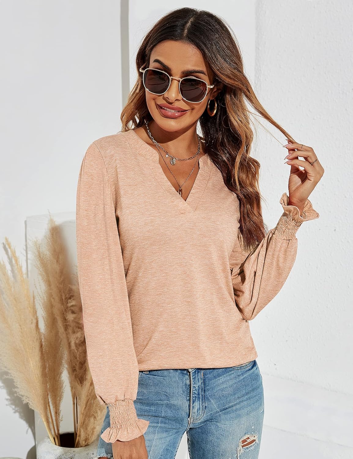 Romanstii Women's Casual V-Neck T-Shirts Loose Puff Long Sleeve Tops Tunic Blouses - Image 2