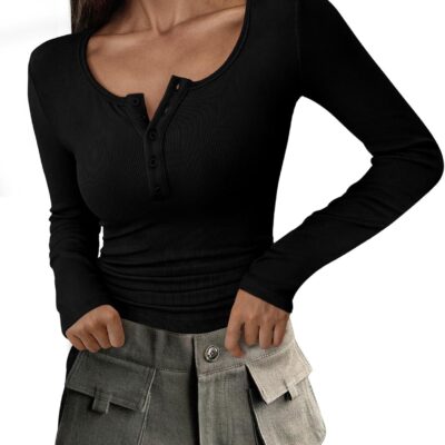 PRETTYGARDEN Women's 2025 Spring Fall Long Sleeve Henley T Shirts Button Ribbed Knit Slim Fit Casual Basic Tops Blouse