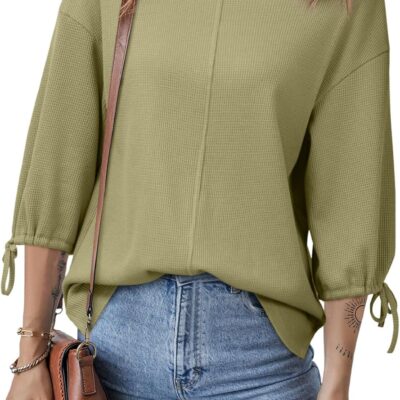 SHEWIN Women's 3/4 Length Sleeve Tunic Tops Loose Fit Casual Crewneck Waffle Knit T Shirts