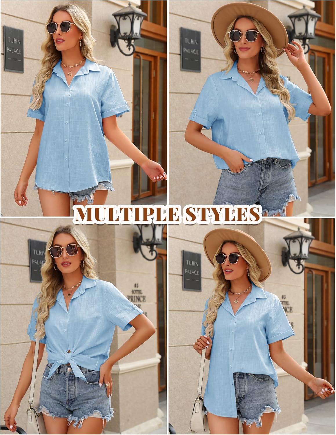 HOTOUCH Button Down Shirt Women Cotton Short Sleeve Blouses V Neck Collared Button Up Summer Beach Tops - Image 2