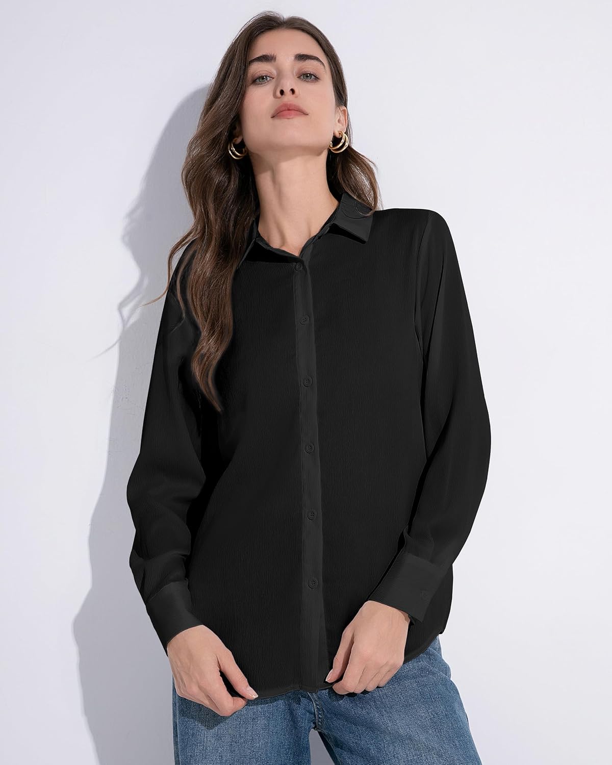 Women's Button Down Shirt Textured Chiffon Blouse Classic Collared Top Casual Work Office Blouse - Image 3