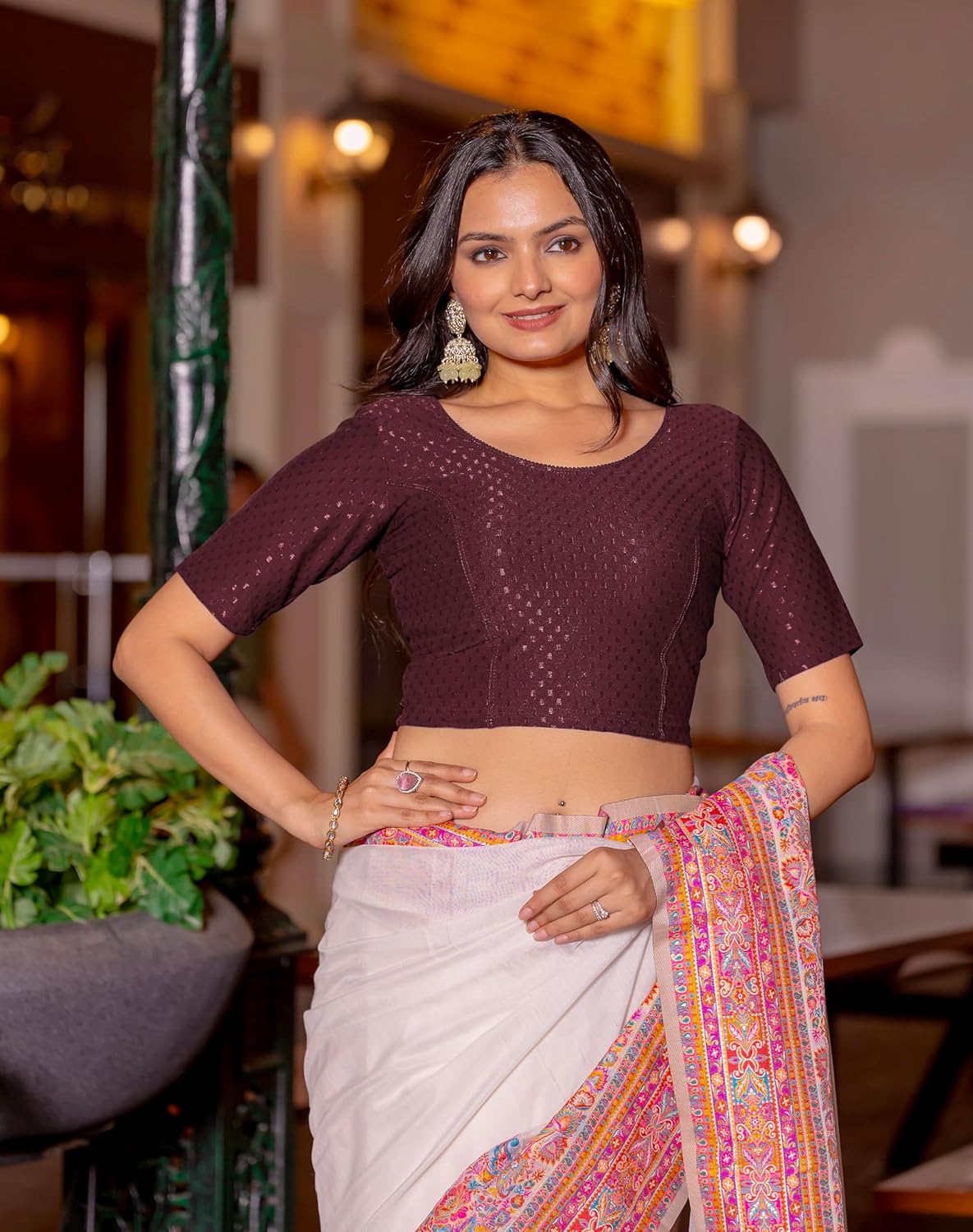 Women's Round Neck Cotton Dobby Lycra Elbow Sleeve Readymade Saree Blouse - Image 4