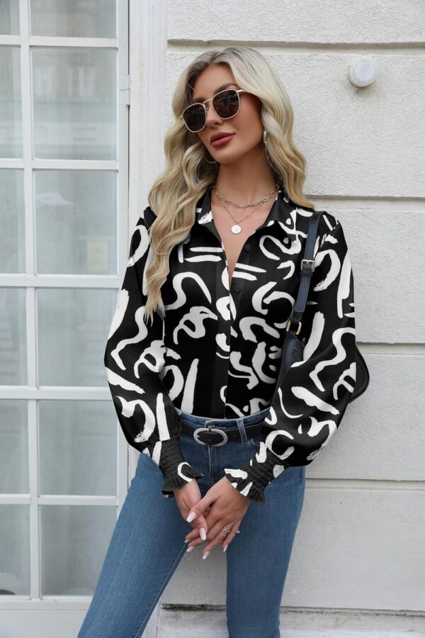 Zeagoo Womens Button Down Shirts Smocked Cuffed Blouse Printed Lantern Shirt Long Sleeve Top Collar Business Fashion - Image 4