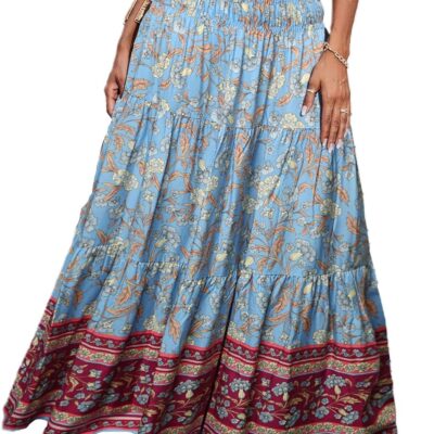 CFLONGE Women's 2024 Bohemian Long Skirts Flowy High Waist A Line Maxi Skirts for Women Summer Pleated Mini Skirts