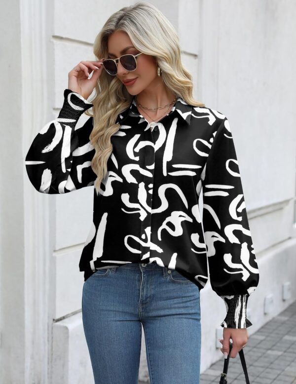 Zeagoo Womens Button Down Shirts Smocked Cuffed Blouse Printed Lantern Shirt Long Sleeve Top Collar Business Fashion - Image 3