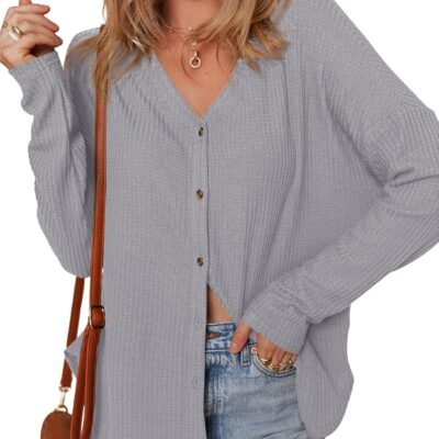 Dokotoo Women's Casual V Neck Waffle Knit Button Down Long Sleeve Shirts Loose Tops