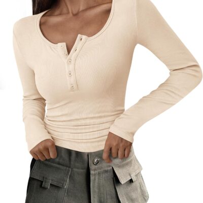 PRETTYGARDEN Women's 2025 Spring Fall Long Sleeve Henley T Shirts Button Ribbed Knit Slim Fit Casual Basic Tops Blouse