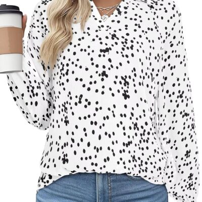 Astylish Women 2025 Casual Polka Dot Blouses Smocked Long Sleeve V Neck Collared Shirts Chiffon Bohemian Tops
