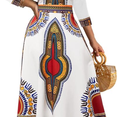 African Dresses for Women Elegant V Neck 3/4 Sleeve Casual Long Maxi African Attire Dress