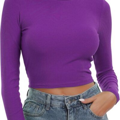 Artfish Women's Round Neck Long Sleeve Knit Ribbed Fitted Crop Top Casual Basic Shirts