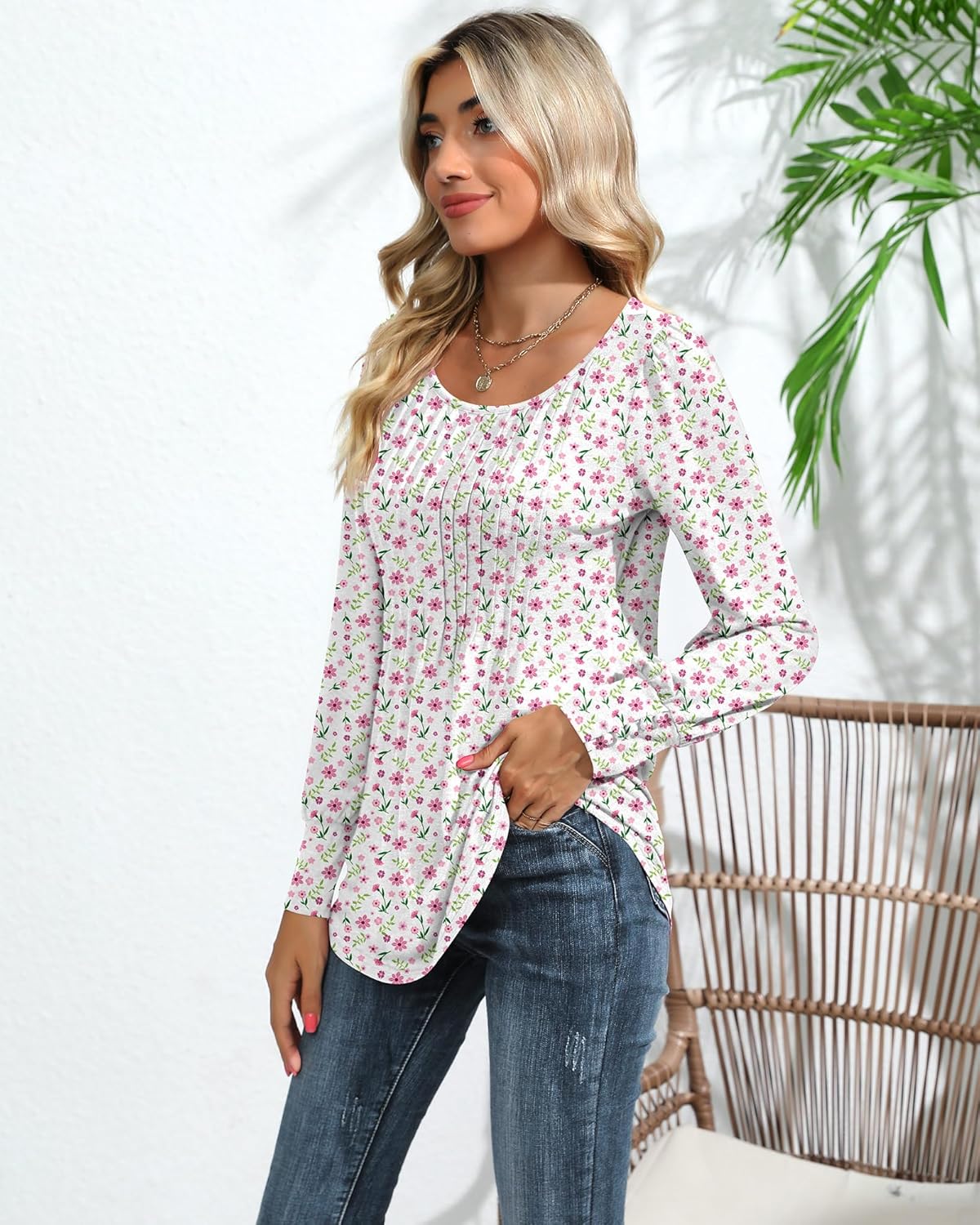 Ficerd Women's Puff Long Sleeve Tunic Tops Pleated Crew Neck Blouses Dressy Casual Loose Fit Winter and Spring Shirts - Image 6