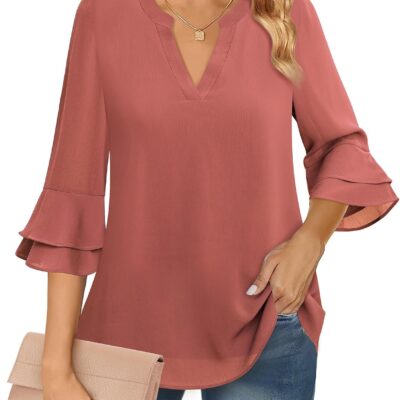 Lotusmile Womens Tops Dressy Casual 3/4 Tiered Bell Sleeve Blouses Double Layered Chiffon Work Tunic Shirts