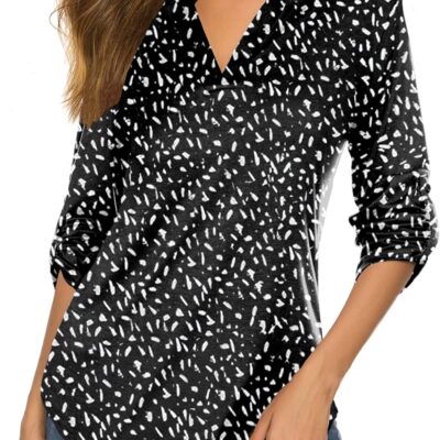 Halife Women's Roll Up 3/4 Sleeve Floral Print V Neck Tunic Blouses Tops Shirts