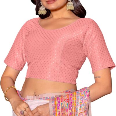 Women's Round Neck Cotton Dobby Lycra Elbow Sleeve Readymade Saree Blouse