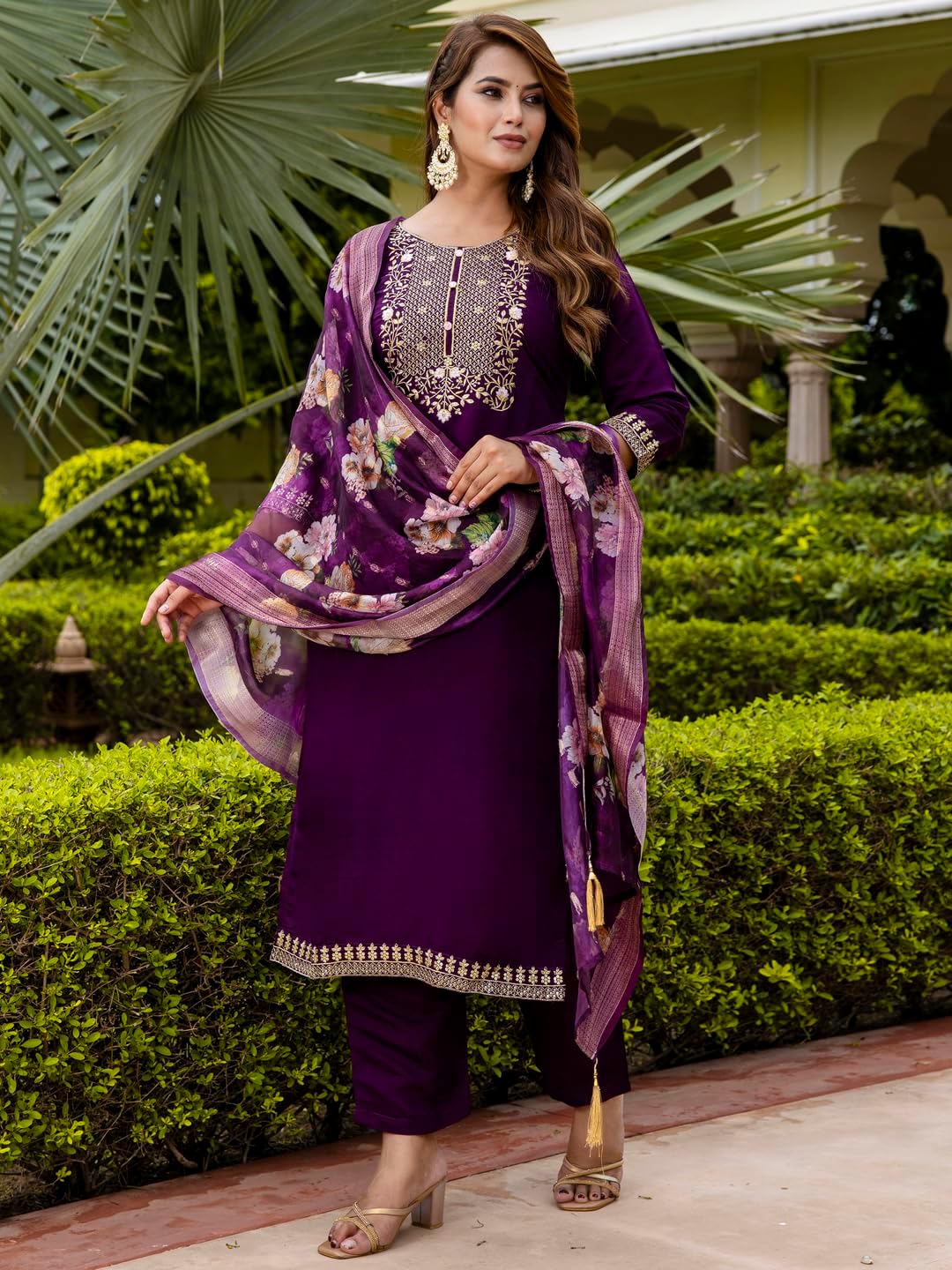 VredeVogel Women's Kurta Pant Set with Dupatta | Embroidered Viscose Roman Silk Kurta Set for Women - Image 4