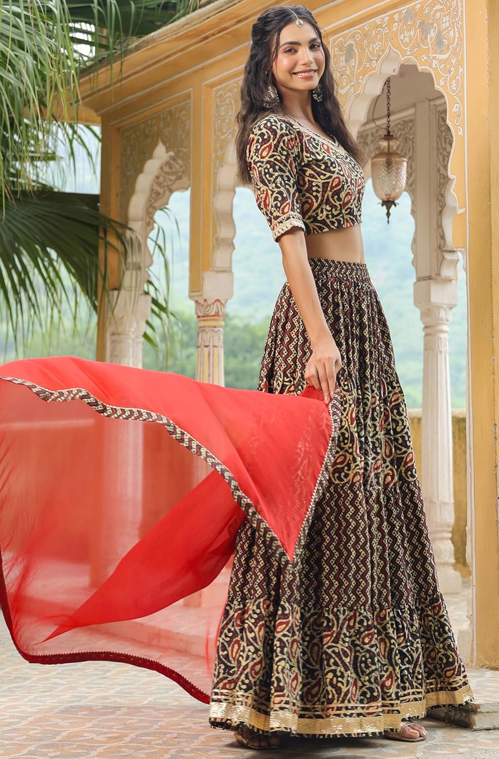 Janasya Indian Women's Black Pure Cotton Printed Flared Festive Wedding Lehenga Choli with Ready to wear Stitched Blouse - Image 6