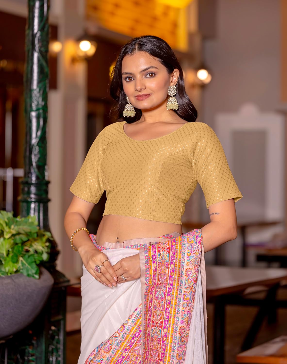 Women's Round Neck Cotton Dobby Lycra Elbow Sleeve Readymade Saree Blouse - Image 2