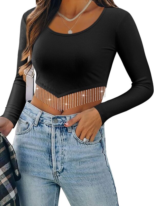 ZXZY Women Soft Ribbed Sparkly Rhinestone Fringe Long Sleeve Crop Top Cropped T Shirts