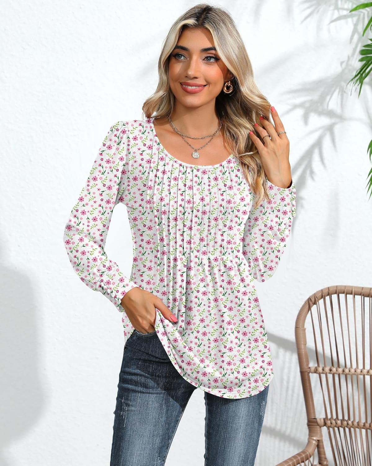 Ficerd Women's Puff Long Sleeve Tunic Tops Pleated Crew Neck Blouses Dressy Casual Loose Fit Winter and Spring Shirts - Image 3
