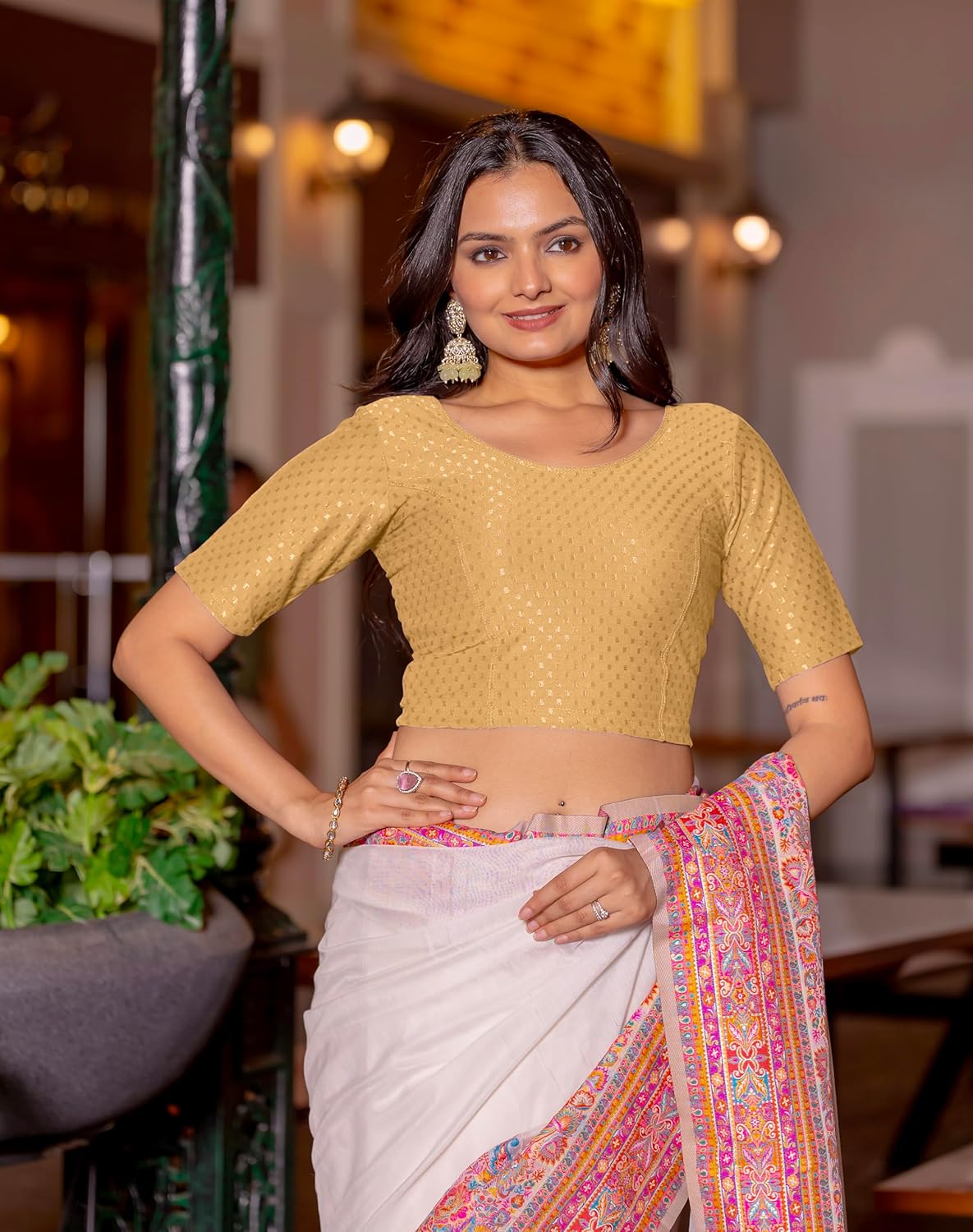 Women's Round Neck Cotton Dobby Lycra Elbow Sleeve Readymade Saree Blouse - Image 4