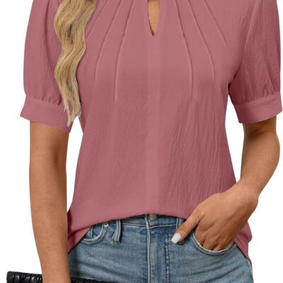 Blooming Jelly Womens Dressy Casual Tops Keyhole Business Work Blouses Pleated Puff Sleeve Summer Shirts
