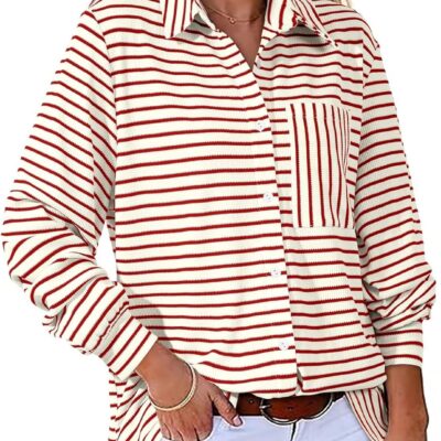 Astylish Women's 2025 Oversized Long Sleeve Shirts Button Up Striped Collared Front Pocket Top