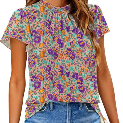 SimpleFun Women Boho Shirts Floral Ruffle Short Sleeve Mock Neck Flowy Casual Summer Blouses Tops