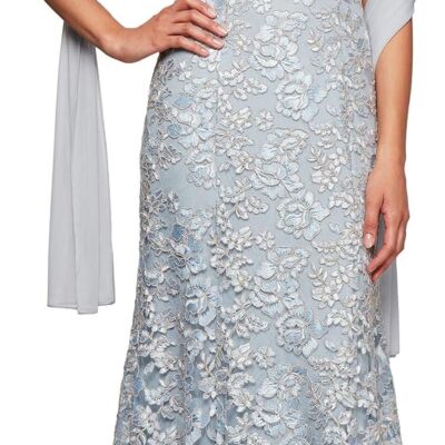 Alex Evenings Women's Long Sleeveless Dress with Beaded Detail Faux Belt and Shawl