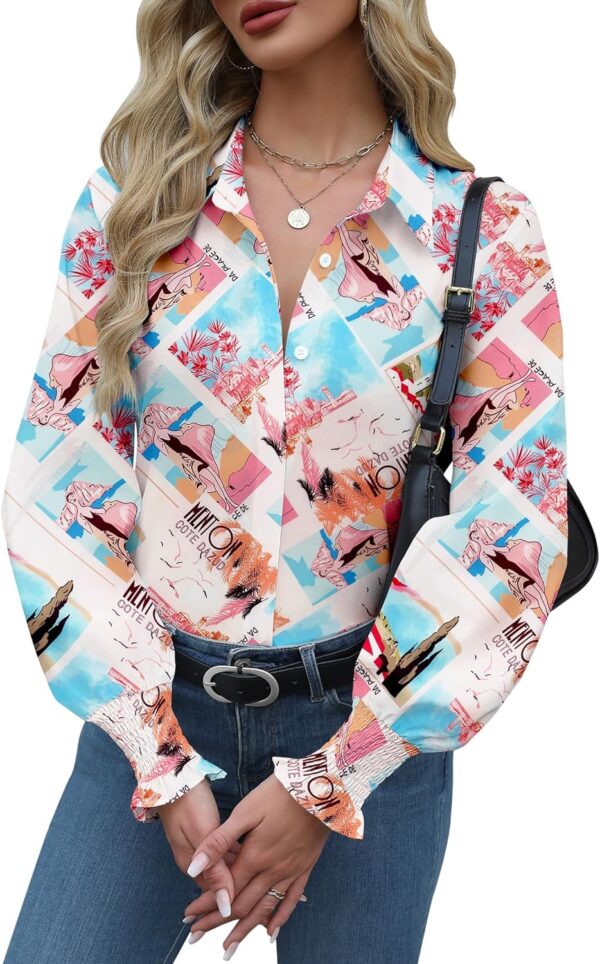 Zeagoo Womens Button Down Shirts Smocked Cuffed Blouse Printed Lantern Shirt Long Sleeve Top Collar Business Fashion