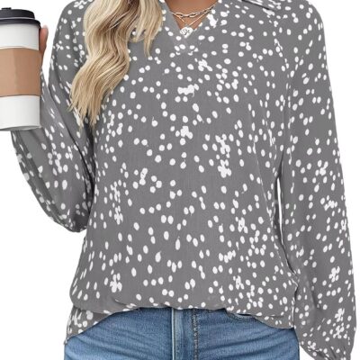 Astylish Women 2025 Casual Polka Dot Blouses Smocked Long Sleeve V Neck Collared Shirts Chiffon Bohemian Tops