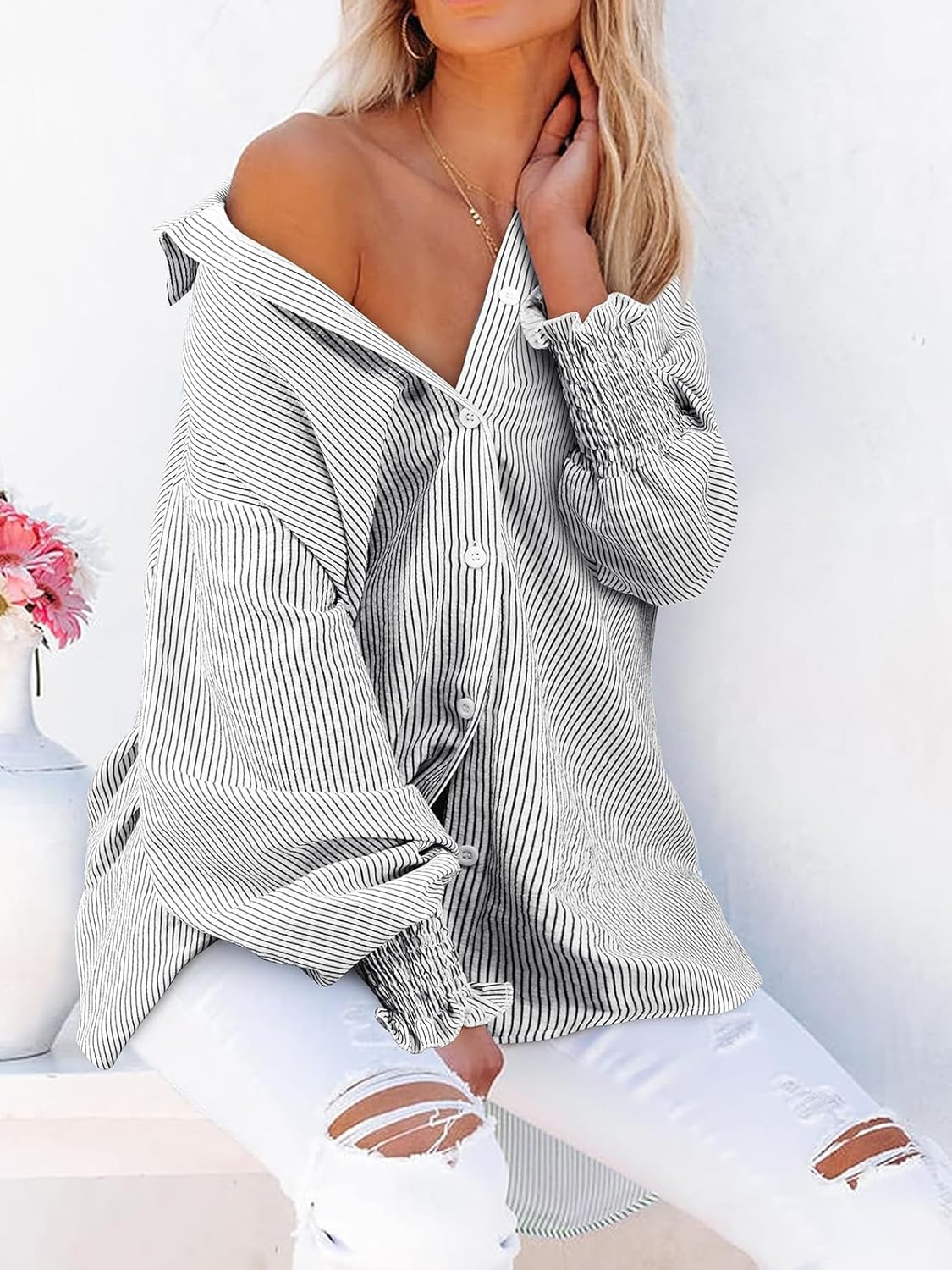 Women's Striped Button Down Shirts Puff Sleeve Oversized Blouses Boyfriends Loose Tunics Business Work Tops - Image 4