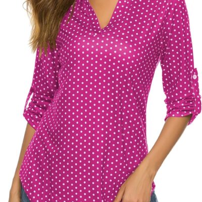 Halife Women's Roll Up 3/4 Sleeve Floral Print V Neck Tunic Blouses Tops Shirts