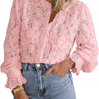 PRETTYGARDEN Women's Dressy Casual Lace Blouse Long Sleeve Button Up Shirts Tops Fall Fashion Clothes
