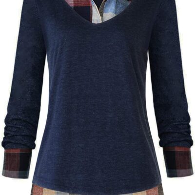 Oyamiki Women's Casual Collared Curved Hem 2 in 1 Pullover Tops Plaid Contrast Shirt Blouse