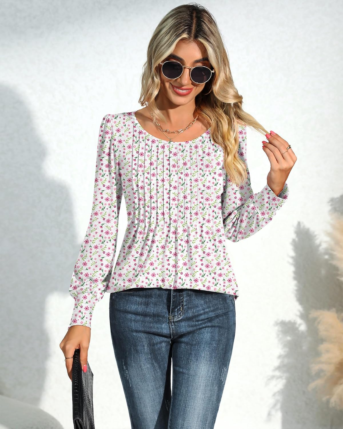 Ficerd Women's Puff Long Sleeve Tunic Tops Pleated Crew Neck Blouses Dressy Casual Loose Fit Winter and Spring Shirts - Image 4