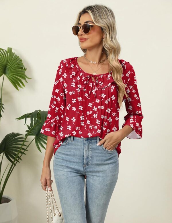 AKEWEI Womens 3/4 Length Sleeve Scoop Neck Tops Summer Tie Front Ruffle Shirts Casual Bell Sleeve Pleated Blouses Outfits - Image 5