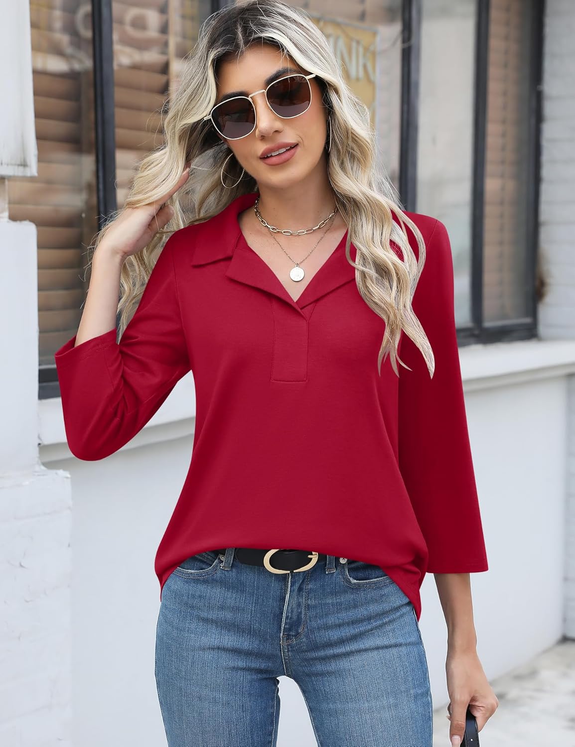 LUYAA Womens Polo Shirts 3/4 Length Sleeve Tops Collar V Neck Business Casual Blouses - Image 3