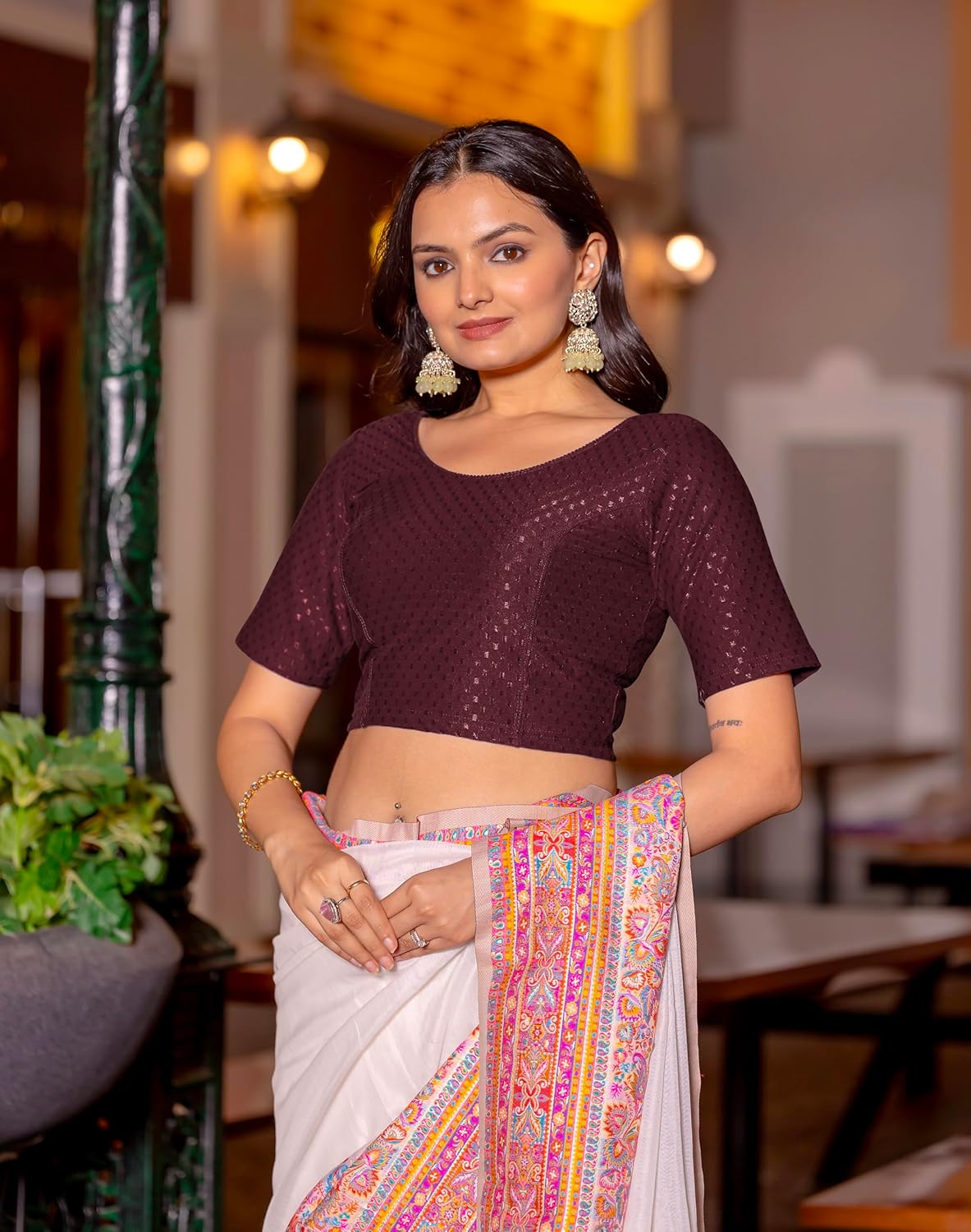 Women's Round Neck Cotton Dobby Lycra Elbow Sleeve Readymade Saree Blouse - Image 2