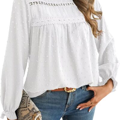Womens Boho Tops Long Sleeve Shirts For Women Cute Crewneck Blouse Dressy Casual Swiss Dot Crochet Hollow Top 2025