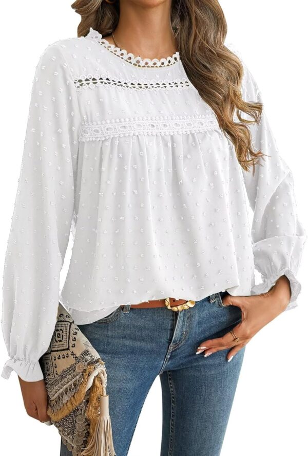 Womens Boho Tops Long Sleeve Shirts For Women Cute Crewneck Blouse Dressy Casual Swiss Dot Crochet Hollow Top 2025