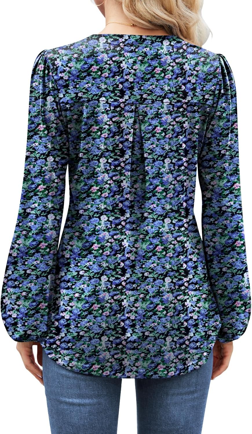 MIHOLL Women's V Neck Puff Long Sleeve T Shirts Pleated Casual Loose Tunic Blouse - Image 2