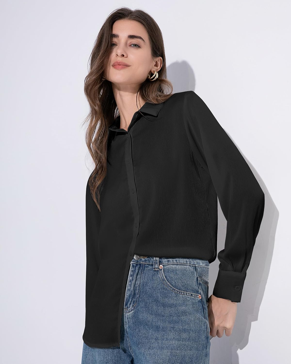 Women's Button Down Shirt Textured Chiffon Blouse Classic Collared Top Casual Work Office Blouse - Image 4