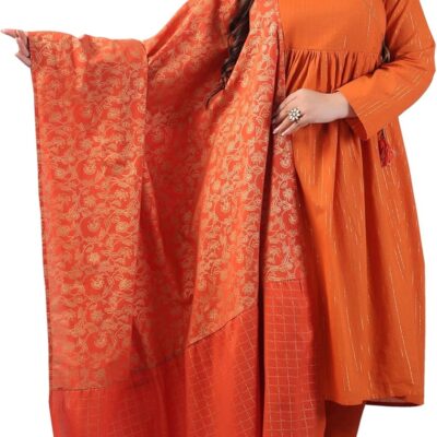 Janasya Indian Rust Pure Cotton Stripes Print Kurta Kurti Top Tunic Festive wear Plus Size Kurta Set for Women