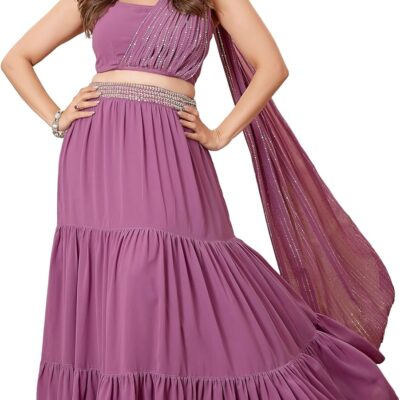 Janasya Indian Women's Lavender Flowy Festive Wedding Flared Lehenga Choli with Ready to wear Stitched Blouse