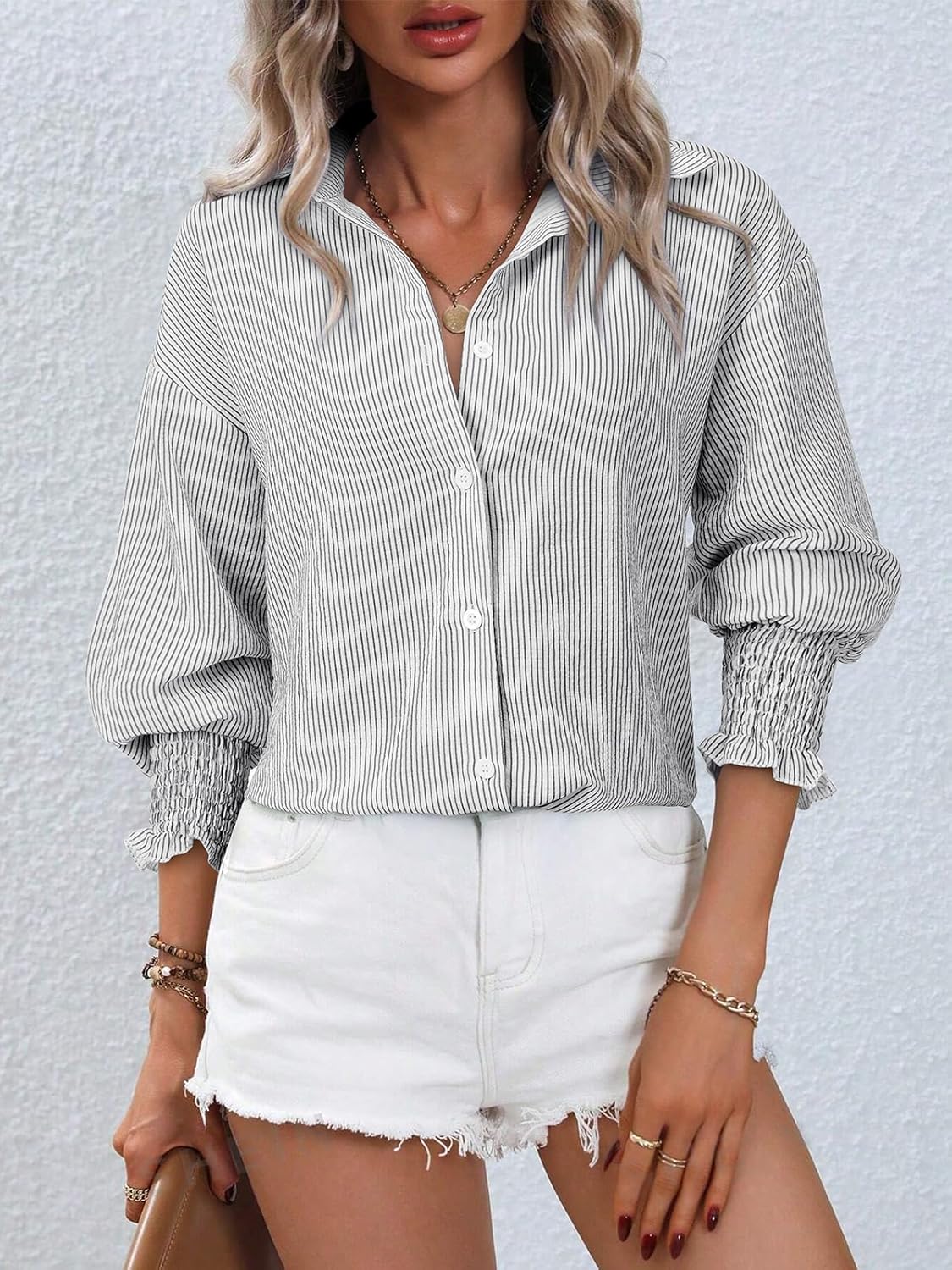 Women's Striped Button Down Shirts Puff Sleeve Oversized Blouses Boyfriends Loose Tunics Business Work Tops - Image 2